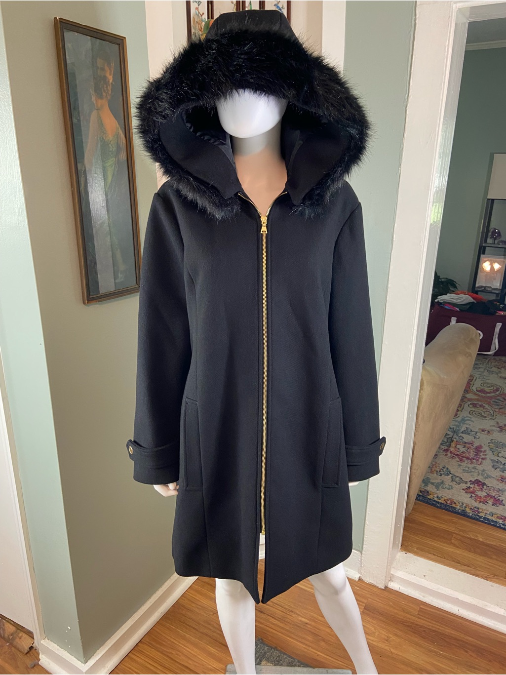 Express Black Wool Blend Winter Coat Faux Fur Hood Hooded Xlarge Xl